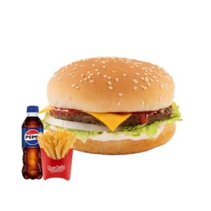 Combo ClasiDely: La hamburguesa clásica que lo tiene todo: carne jugosa, queso derretido, vegetales frescos y el toque QueDely. Acompañada de papas crujientes y bebida para completar el antojo.