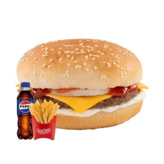 Combo Quesoburguesa: Queso fundido y carne en su punto justo, en una hamburguesa simple pero poderosa. Incluye papas doradas y bebida para una experiencia completa.