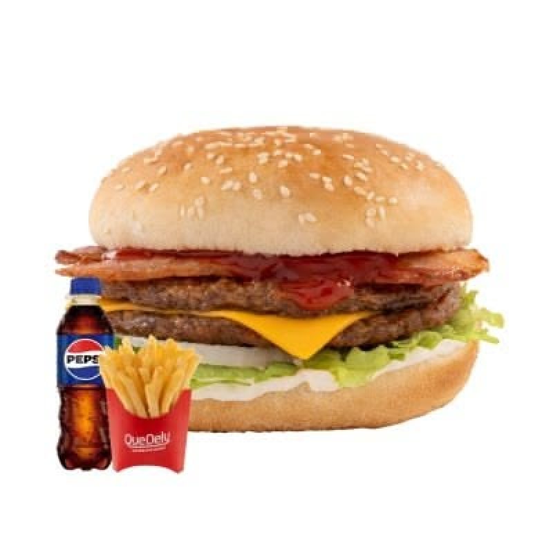 Combo SuperDely: Dos tortas de carne, tocino crujiente y queso en abundancia. El combo SuperDely viene cargado de sabor, papas y bebida para quedar más que satisfecho.